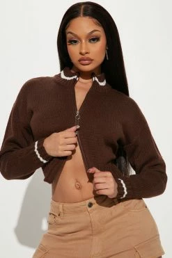 Fashion Nova Open Book Knit Bomber - Chocolate Cardigans