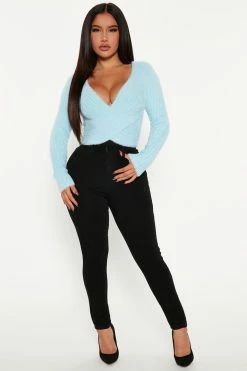 Fashion Nova Cross My Heart Fuzzy Sweater - Blue Pullovers