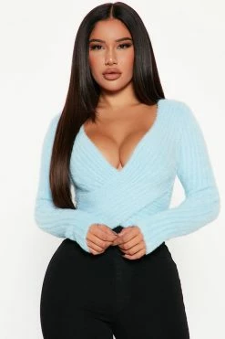 Fashion Nova Cross My Heart Fuzzy Sweater - Blue Pullovers