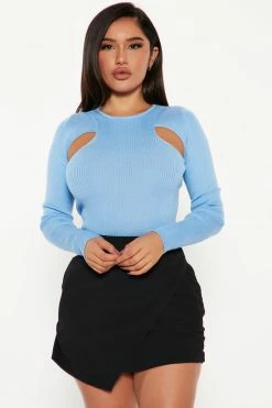 Fashion Nova Major Crush Cut Out Sweater Top - Blue Pullovers
