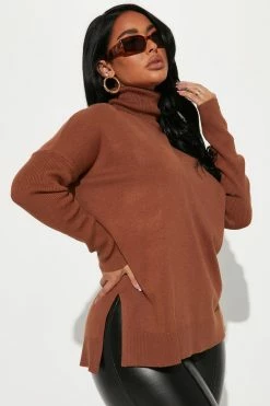 Fashion Nova Pullovers Tune It Out Turtleneck Tunic Sweater - Brown