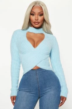 Fashion Nova Cross Your Heart Fuzzy Sweater - Blue Pullovers