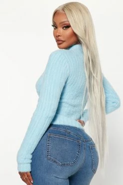 Fashion Nova Cross Your Heart Fuzzy Sweater - Blue Pullovers