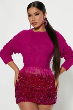 Fashion Nova Feeling Flashy Feather Sweater - Fuchsia