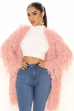 Fashion Nova Not An Issue Feathered Cardigan - Pink Cardigans
