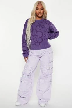 Fashion Nova Happy Flowers Crewneck Sweater - Purple Pullovers