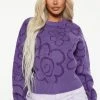 Fashion Nova Happy Flowers Crewneck Sweater - Purple Pullovers