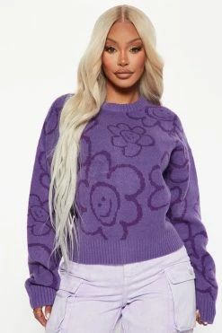 Sweater Sale 37 Fashion Nova Happy Flowers Crewneck Sweater - Purple Pullovers