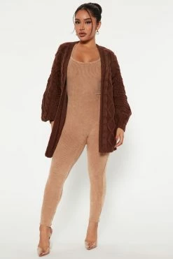 Fashion Nova Cardigans Road Trip Cable Knit Cardigan - Chocolate
