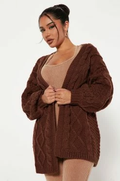 Fashion Nova Cardigans Road Trip Cable Knit Cardigan - Chocolate