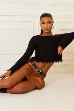 Fashion Nova Pullovers Fool For You Distressed Sweater Top - Black