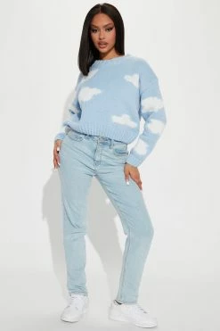 Fashion Nova In A Fog Cloudy Crewneck Sweater - Blue Pullovers