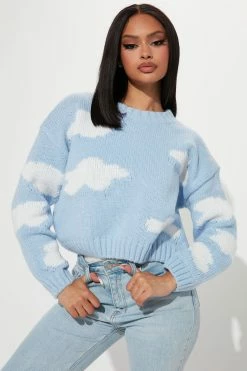Fashion Nova In A Fog Cloudy Crewneck Sweater - Blue Pullovers