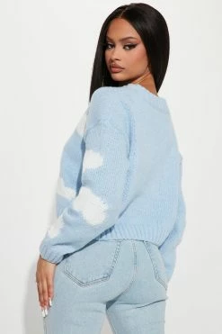 Fashion Nova In A Fog Cloudy Crewneck Sweater - Blue Pullovers