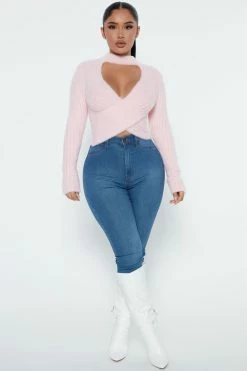 Fashion Nova Pullovers Cross Your Heart Fuzzy Sweater - Pink
