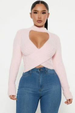 Fashion Nova Pullovers Cross Your Heart Fuzzy Sweater - Pink
