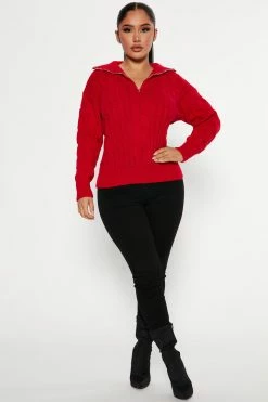 Fashion Nova For The Record Quarter Zip Sweater - Red