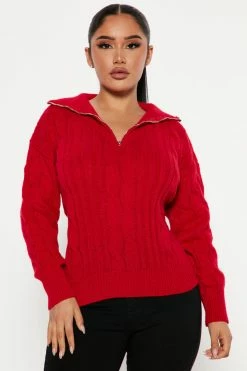 Fashion Nova For The Record Quarter Zip Sweater - Red