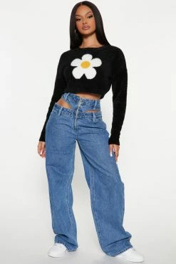 Fashion Nova Sugar And Spice Fuzzy Flower Sweater - Black/combo Pullovers