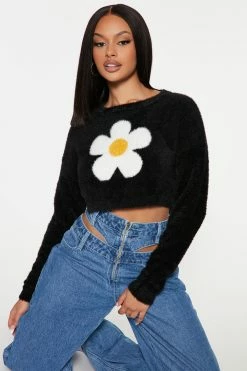 Sweater Sale 39 Fashion Nova Sugar And Spice Fuzzy Flower Sweater - Black/combo Pullovers