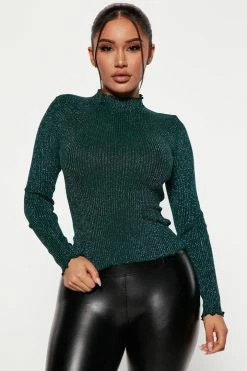 Fashion Nova Shine On Metallic Mock Neck Sweater - Hunter Pullovers