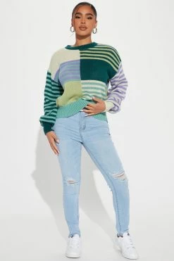 Fashion Nova Pullovers In The Mix Striped Colorblock Sweater - Green/combo