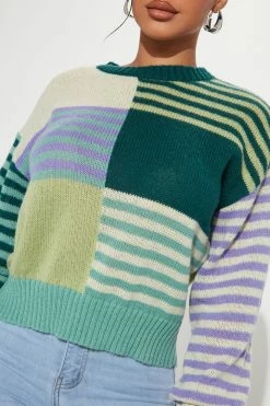 Fashion Nova Pullovers In The Mix Striped Colorblock Sweater - Green/combo