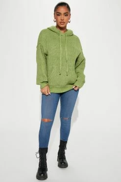 Fashion Nova Early Mornings Hooded Sweater - Green Pullovers