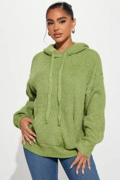 Fashion Nova Early Mornings Hooded Sweater - Green Pullovers