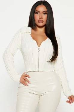 Fashion Nova Zip It Ribbed Sweater - Ivory Cardigans