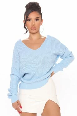Fashion Nova Falls Favorite Girl Sweater II - Light Blue Pullovers