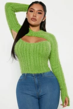 Fashion Nova Reality Check Fuzzy Shrug Set - Green Pullovers