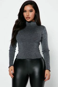 Fashion Nova Shine On Metallic Mock Neck Sweater - Black