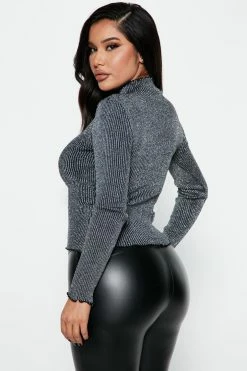 Fashion Nova Shine On Metallic Mock Neck Sweater - Black