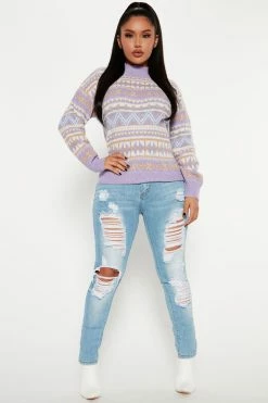 Fashion Nova Solstice Mock Neck Sweater - Purple/combo Pullovers