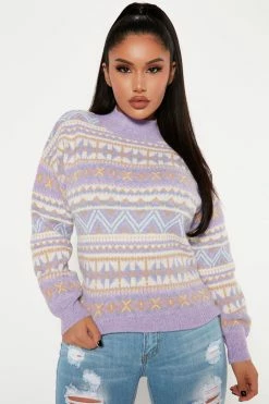 Fashion Nova Solstice Mock Neck Sweater - Purple/combo Pullovers