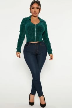 Fashion Nova Zip It Ribbed Sweater - Green