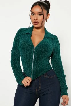 Fashion Nova Zip It Ribbed Sweater - Green