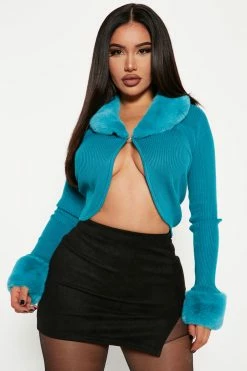 Fashion Nova Be Fur Real Cardigan - Teal