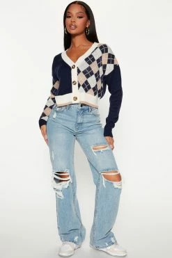Fashion Nova Cardigans Split Decision Argyle Cardigan - Navy/combo