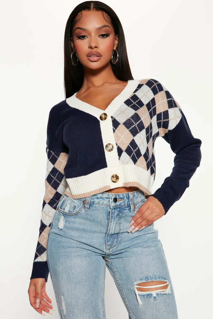 New ⭐ Fashion Nova Cardigans Split Decision Argyle Cardigan - Navy/combo 🧨 1 Fashion Nova Cardigans Split Decision Argyle Cardigan - Navy/combo