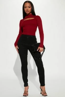 Fashion Nova Just A Glimmer Cut Out Mock Neck Sweater - Red