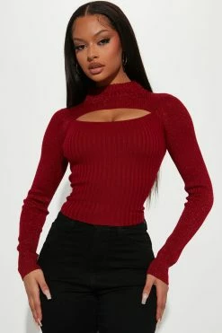 Fashion Nova Just A Glimmer Cut Out Mock Neck Sweater - Red