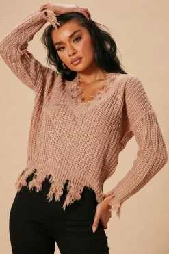 Fashion Nova Always Distressing Me Out Sweater - Mocha Pullovers