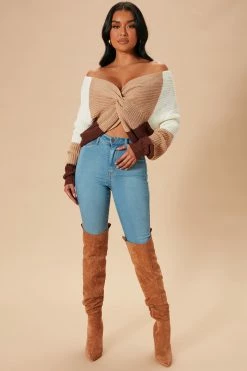 Fashion Nova Just A Little Twisted Sweater - Brown/combo