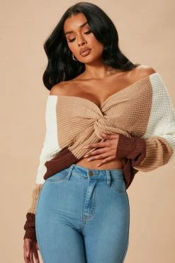Fashion Nova Just A Little Twisted Sweater - Brown/combo