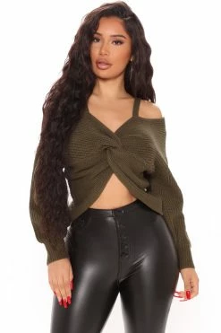 Fashion Nova Fall Fave Twist Sweater - Olive