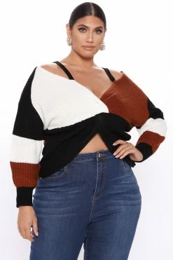 Fashion Nova Fall Fave Striped Twist Sweater - Camel Pullovers