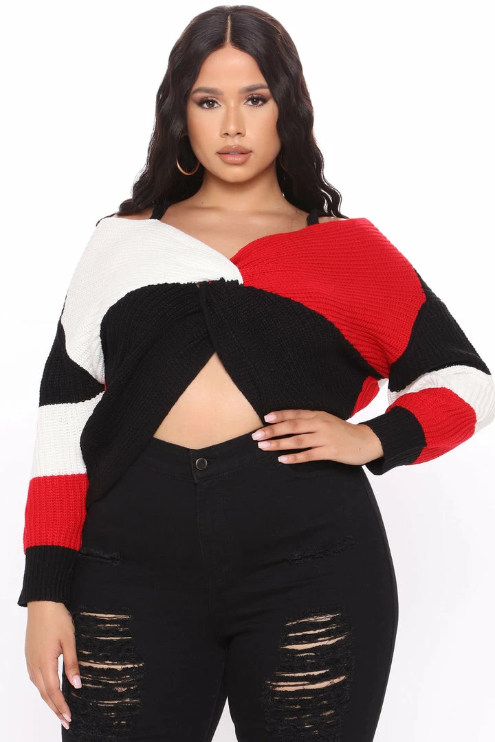 Fashion Nova Fall Fave Striped Twist Sweater - Red/combo Pullovers