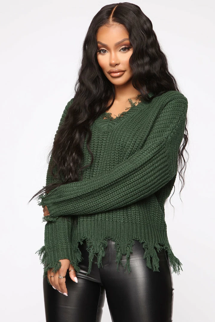 Fashion Nova Always Distressing Me Out Sweater - Green